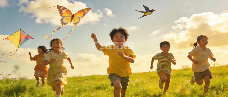 高清大图下载【趣麦麦图】孩童草地上放风筝欢乐奔跑