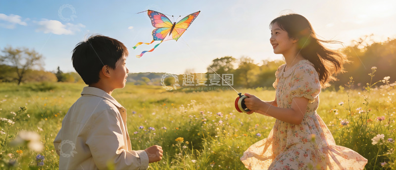 高清大图下载【趣麦麦图】孩童户外放风筝欢乐场景