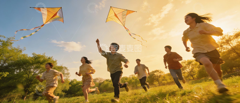 高清大图下载【趣麦麦图】青春奔跑放风筝