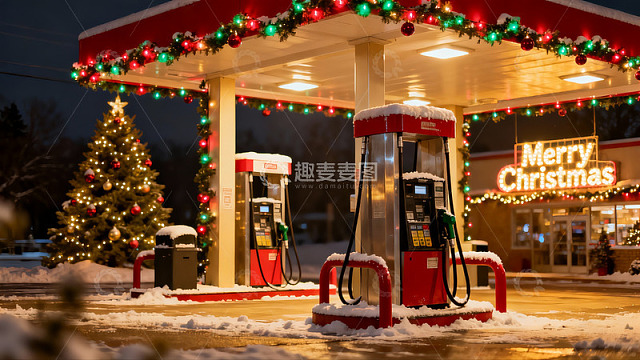 雪夜圣诞装饰加油站