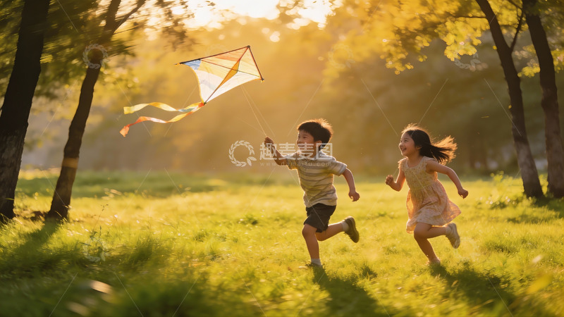 高清大图下载【趣麦麦图】儿童户外放风筝欢乐场景
