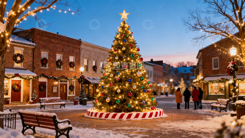高清大图下载【趣麦麦图】雪夜圣诞树广场节日景象