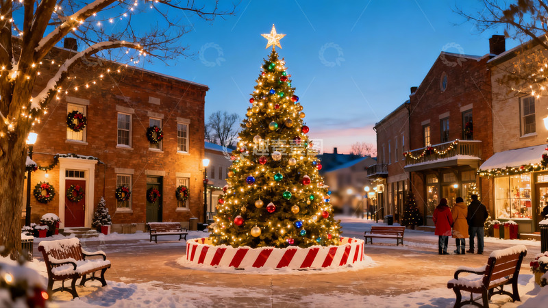 高清大图下载【趣麦麦图】雪夜圣诞树广场节日景象