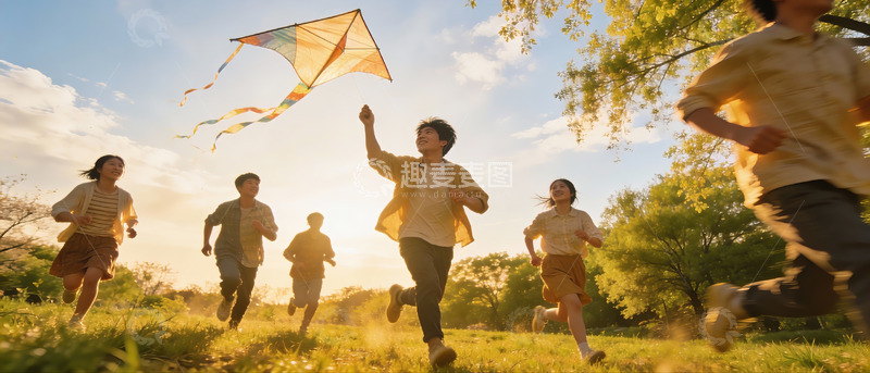 高清大图下载【趣麦麦图】青春奔跑放风筝