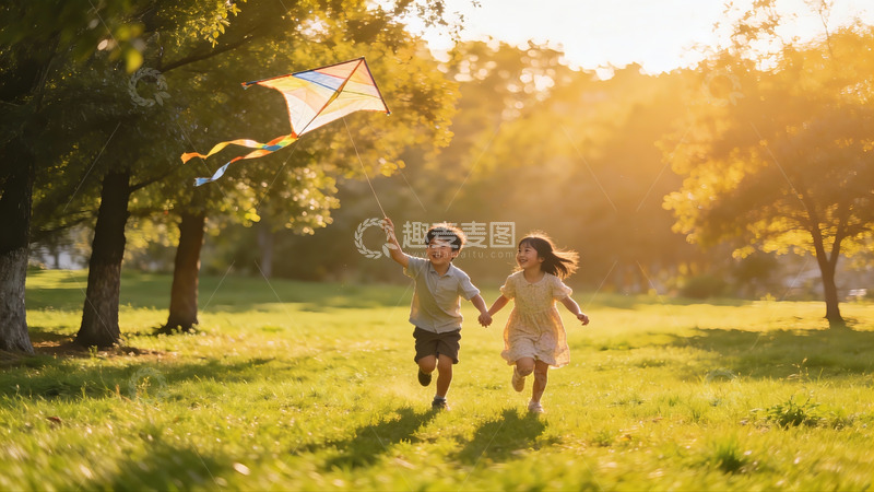 高清大图下载【趣麦麦图】儿童户外放风筝欢乐场景