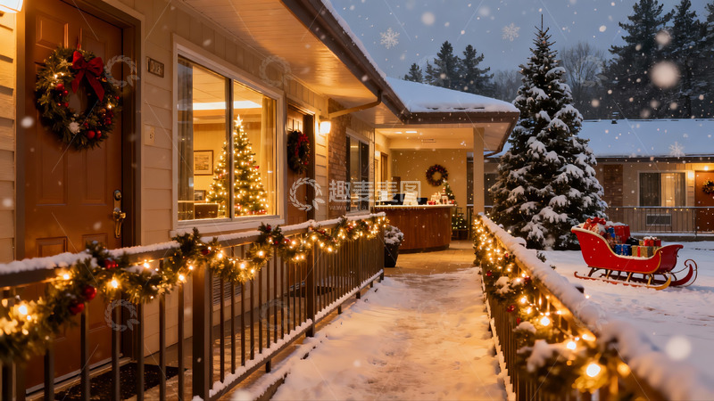 高清大图下载【趣麦麦图】雪夜圣诞装饰的温馨庭院