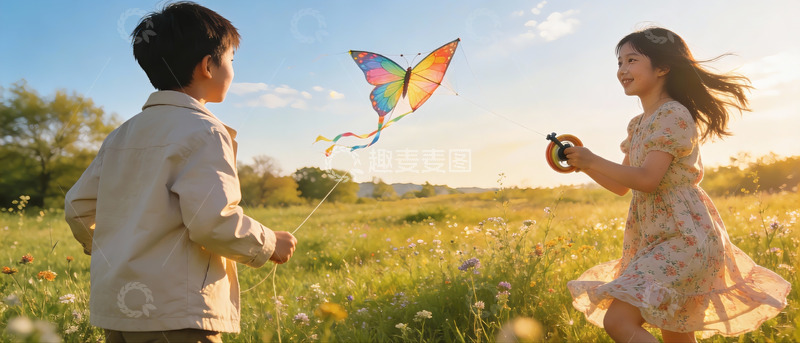 高清大图下载【趣麦麦图】儿童户外放风筝欢乐场景