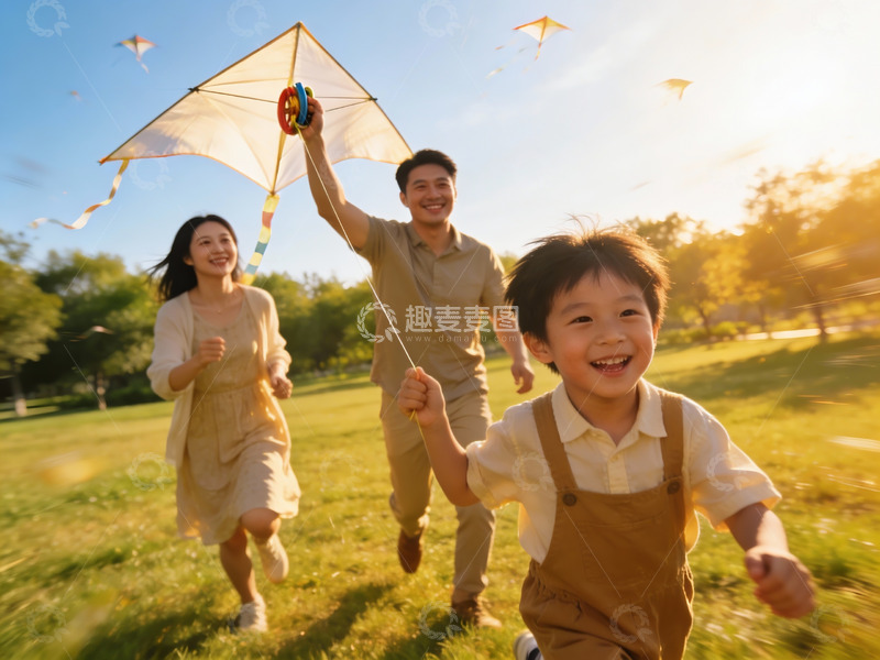高清大图下载【趣麦麦图】一家三口户外放风筝