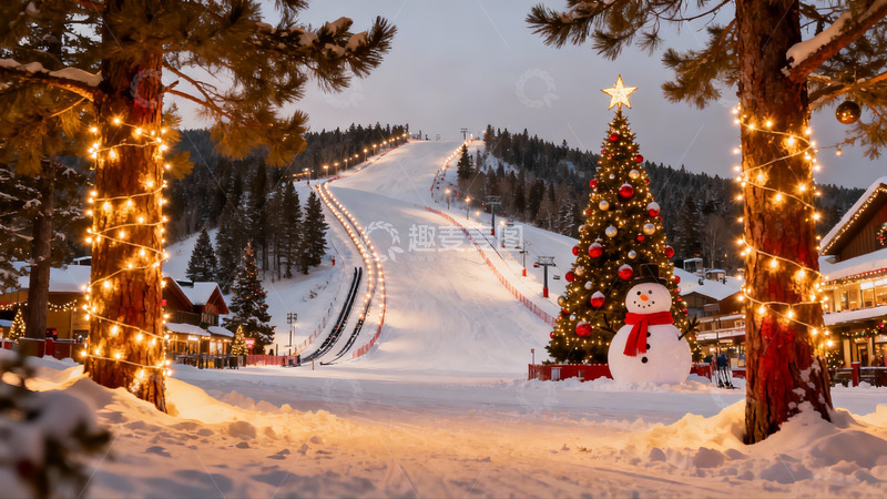 高清大图下载【趣麦麦图】雪地圣诞树与滑雪场夜景