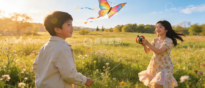 高清大图下载【趣麦麦图】兄妹户外放风筝欢乐时光