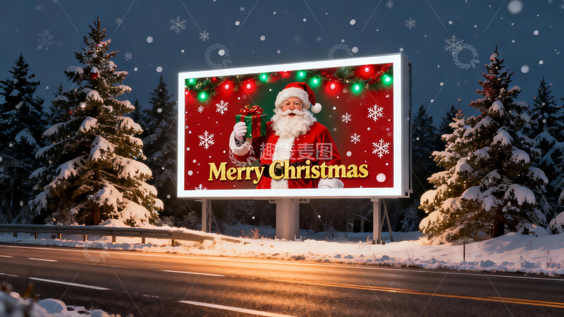 高清大图下载【趣麦麦图】雪夜公路圣诞广告牌
