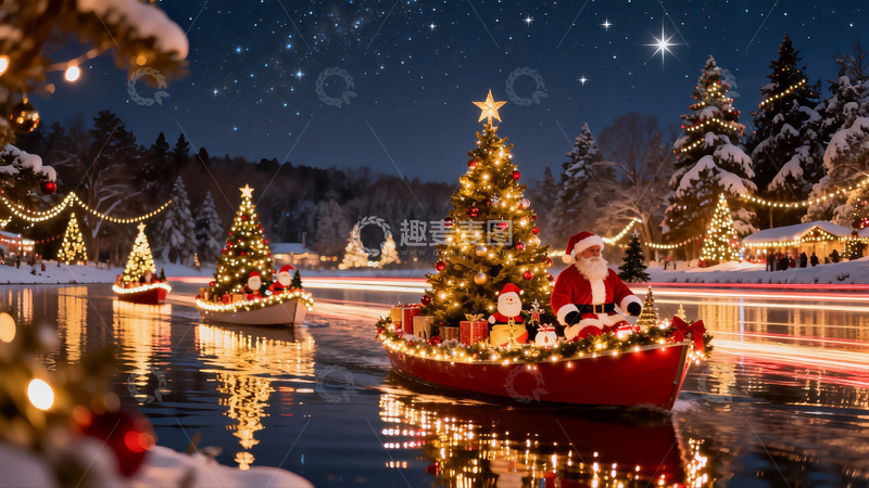 高清大图下载【趣麦麦图】圣诞老人乘船巡游雪夜