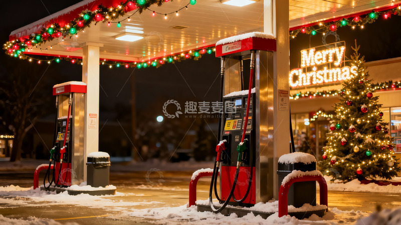 高清大图下载【趣麦麦图】雪夜圣诞装饰加油站
