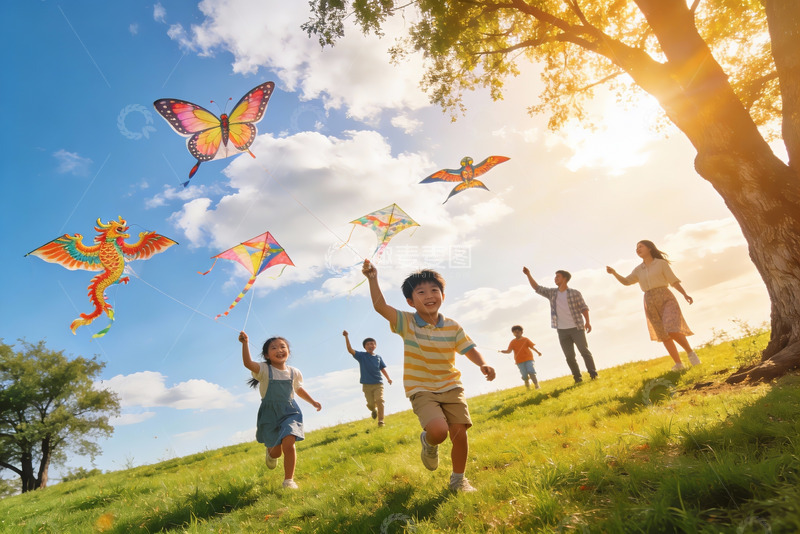 高清大图下载【趣麦麦图】家庭草地上放风筝欢乐场景