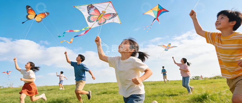 高清大图下载【趣麦麦图】孩子们户外放风筝欢乐场景