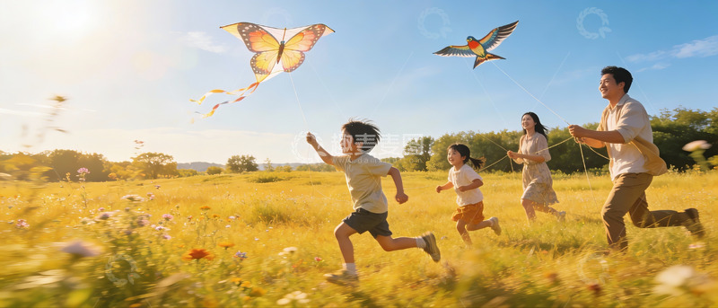 高清大图下载【趣麦麦图】一家四口草地上放风筝