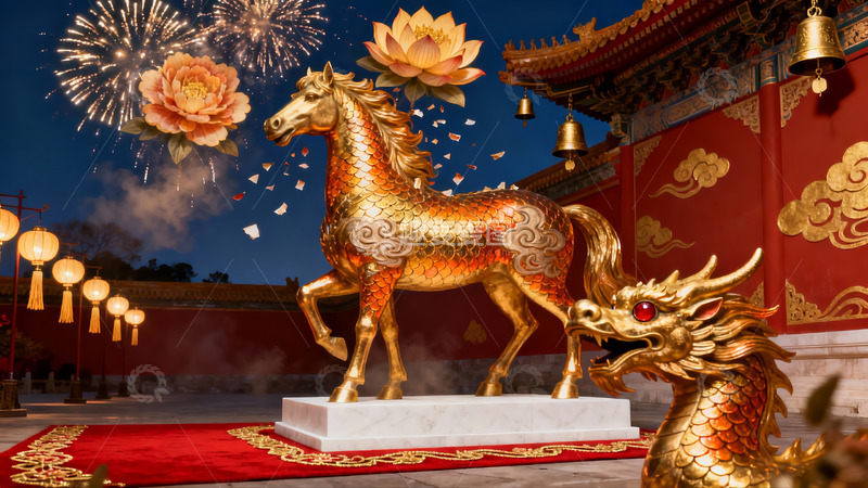 高清大图下载【趣麦麦图】夜景中金色马龙雕塑与烟花
