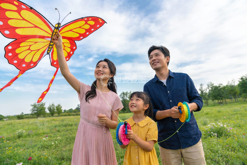 高清大图下载【趣麦麦图】一家三口户外放风筝