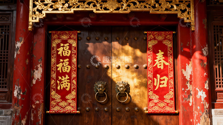 古建筑大门春联迎春