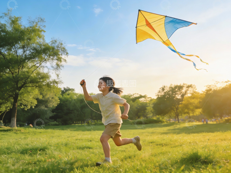 高清大图下载【趣麦麦图】小女孩草地上放风筝