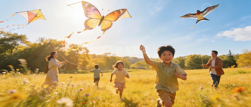高清大图下载【趣麦麦图】一家四口户外放风筝