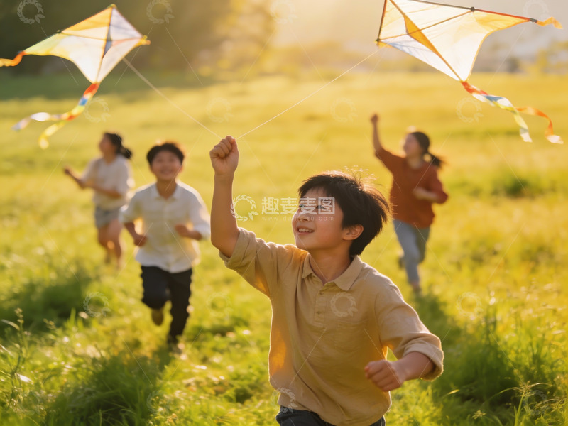 高清大图下载【趣麦麦图】儿童草地上放风筝欢乐场景