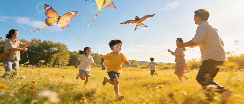 高清大图下载【趣麦麦图】家庭户外放风筝欢乐场景