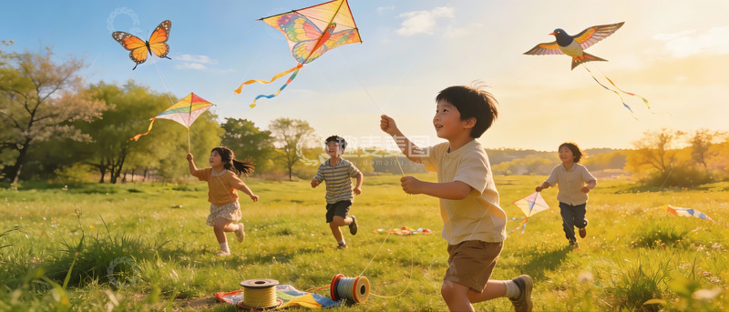 高清大图下载【趣麦麦图】孩子们草地上放风筝