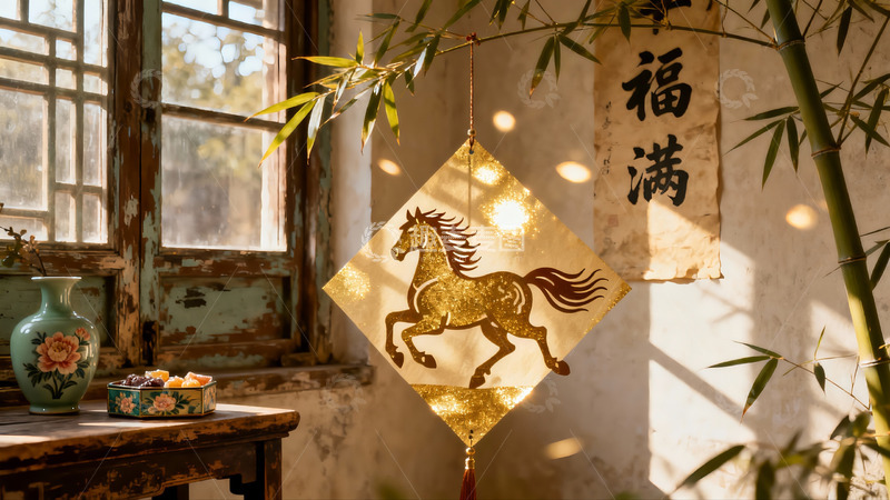 高清大图下载【趣麦麦图】古窗前竹影马形挂饰