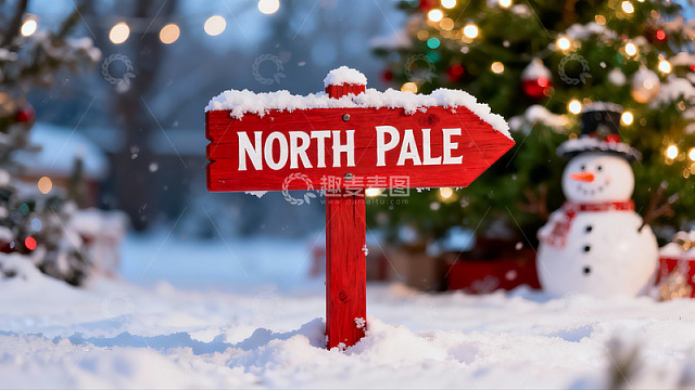 雪地圣诞装饰与北极大路标