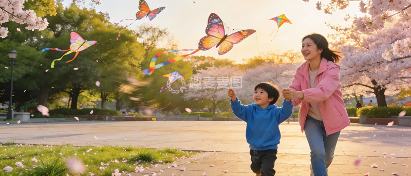高清大图下载【趣麦麦图】母子公园放风筝赏樱花