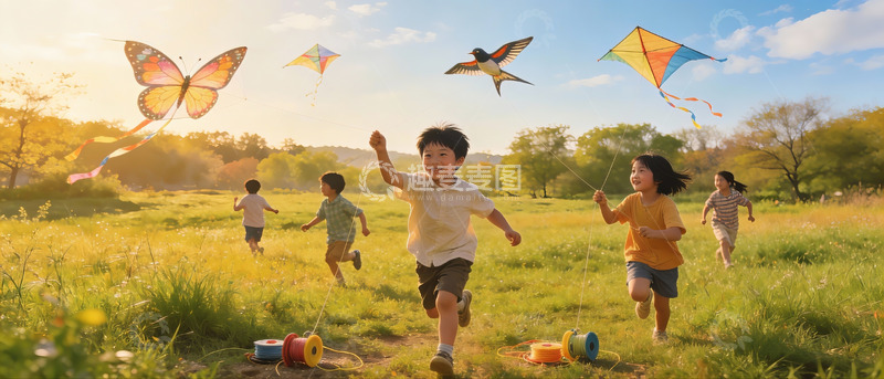 高清大图下载【趣麦麦图】孩子们草地上放风筝