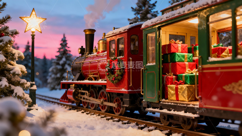 高清大图下载【趣麦麦图】雪夜圣诞火车载满礼物