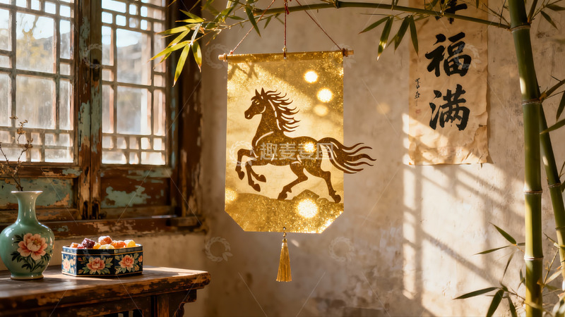 高清大图下载【趣麦麦图】古窗前竹马挂饰与福字