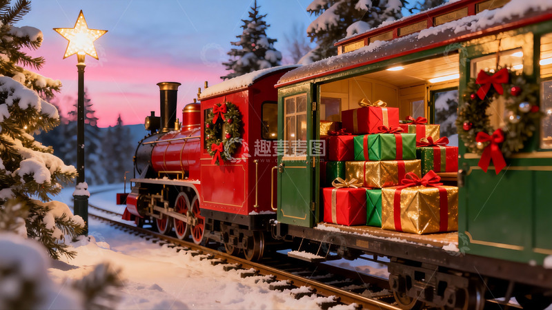 高清大图下载【趣麦麦图】雪夜圣诞火车载满礼物
