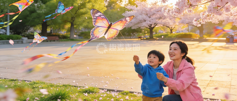 高清大图下载【趣麦麦图】春日母子放飞蝴蝶风筝