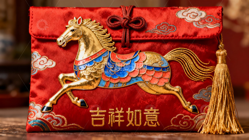 高清大图下载【趣麦麦图】红色织锦马纹挂饰