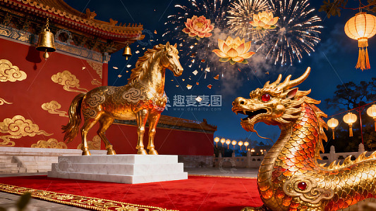 夜景中式建筑龙马雕塑烟花
