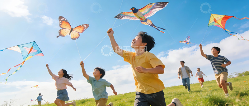 高清大图下载【趣麦麦图】孩子们草地上放风筝