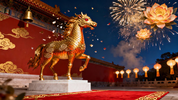 夜景中金色马雕与烟花绽放