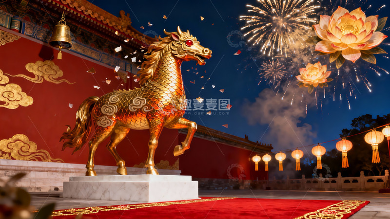 高清大图下载【趣麦麦图】夜景中金色马雕与烟花绽放