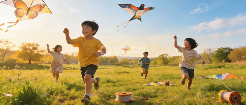 高清大图下载【趣麦麦图】儿童户外放风筝欢乐场景