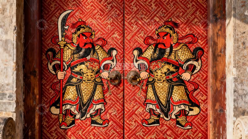 高清大图下载【趣麦麦图】红色门神画像古建筑大门