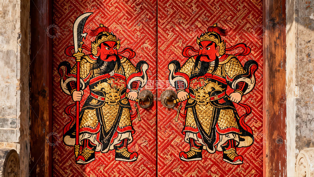 红色门神画像古建筑大门