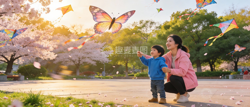 高清大图下载【趣麦麦图】母子公园放风筝赏樱花