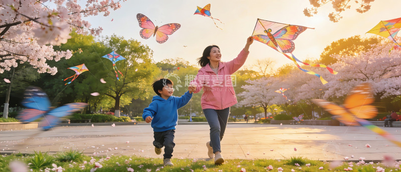高清大图下载【趣麦麦图】母子公园放风筝赏樱花