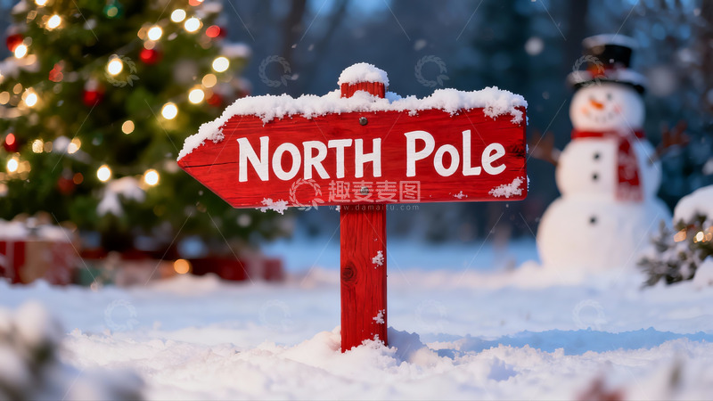 高清大图下载【趣麦麦图】雪地圣诞装饰与北极指示牌