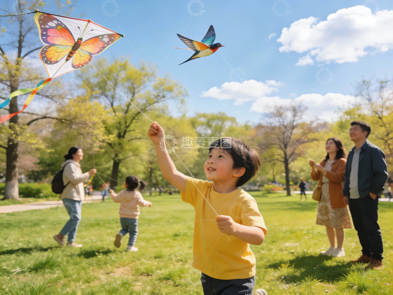 高清大图下载【趣麦麦图】春日公园亲子放风筝