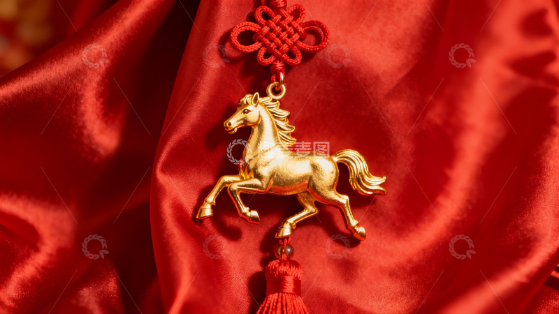 高清大图下载【趣麦麦图】金色马饰挂件红色绸缎背景