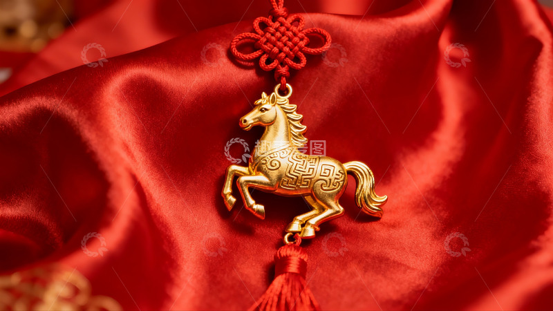 高清大图下载【趣麦麦图】金色马形挂饰红色绸缎背景